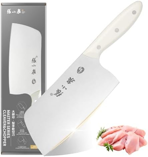 Zhang Xiao Quan Since 1628 Chinese Meat Cleaver 7.3” Heavy Duty Chopper Knife 40Cr13 Stainless Steel For Meat Vegetable Chef Knife White