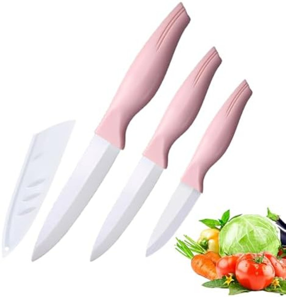 3-Pieces Pink Ceramic Knives Set 5-Inch For Vegetable And Meet 4-Inch For Fruit 3-Inch For Peelingsuitable For Beef Chicken Vegetable Fruit Butter And Bread (Pink)