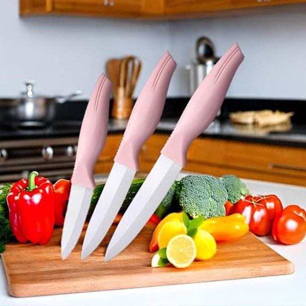 3-Pieces Pink Ceramic Knives Set 5-Inch For Vegetable And Meet 4-Inch For Fruit 3-Inch For Peelingsuitable For Beef Chicken Vegetable Fruit Butter And Bread (Pink)