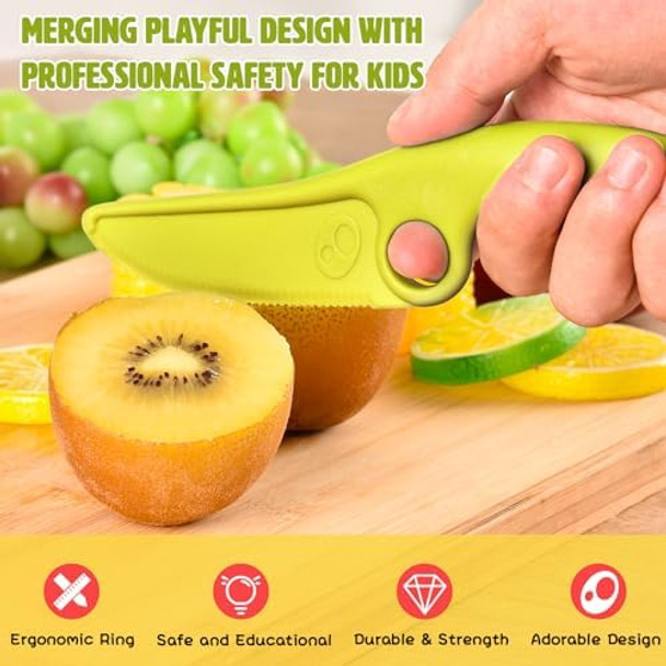 Toddler Learning Knife With Educational Ring For Real Cooking Adorable Dog Design Safe Serrated Edge For Cutting Training And Premium Nylon Material Blade Mint Blue