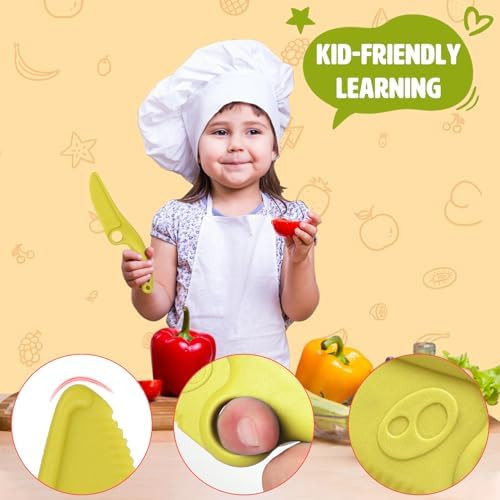 Toddler Learning Knife With Educational Ring For Real Cooking Adorable Dog Design Safe Serrated Edge For Cutting Training And Premium Nylon Material Blade Mint Blue