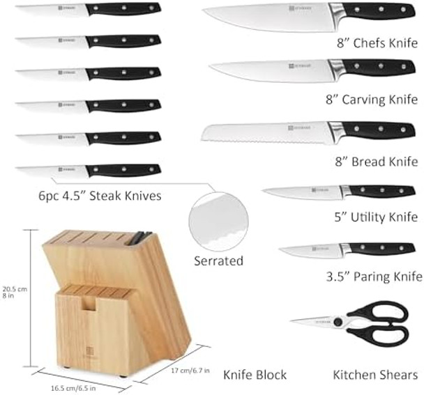 Kitchen Knife Set Professional 13 Piece Knife Set With Block And Sharpener Sharp Chef Knife Set Ideal For Home And Restaurants Elegant Black
