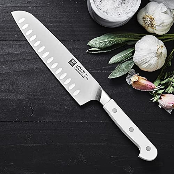 Zwilling Pro Le Blanc 7-Inch Slim Hollow Edge Santoku Knife Razor-Sharp Blade White Polymer Handle Made In Germany