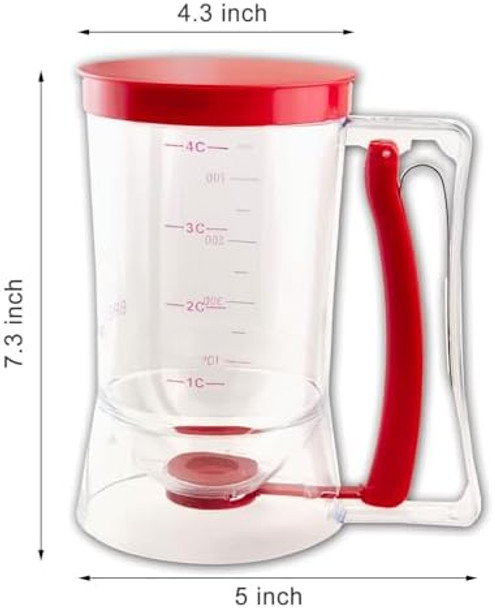 2 Pack Pancake Batter Dispenser - Cookie/Cake/Cakes/Waffle/Waffles Separator Tool with Squeeze Handle Easy Pour & Measuring Label for Griddle Baking Supplies Crepe & Cake Muffin Mix Red