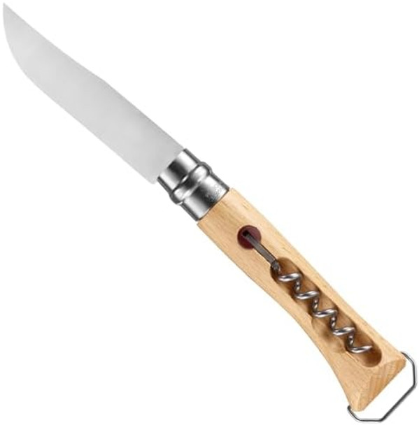 Opinel No. 10 Stainless Steel Corkscrew Wine and Cheese Folding Knife Integrated Corkscrew + Bottle Opener Beechwood Handle - Picnic Pocket Knife Made in France (Updated Version)