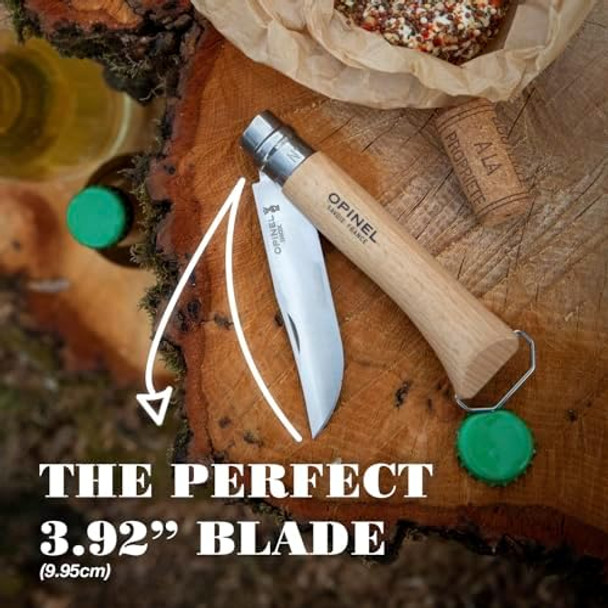 Opinel No. 10 Stainless Steel Corkscrew Wine and Cheese Folding Knife Integrated Corkscrew + Bottle Opener Beechwood Handle - Picnic Pocket Knife Made in France (Updated Version)