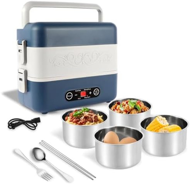 Electric Heated Lunch Box for Adults 2.4L Portable Fast Heating Lunch box with 4 pcs-Food Container 110v Double Steam Electric Food Warmer for Work Travel Vegetarians