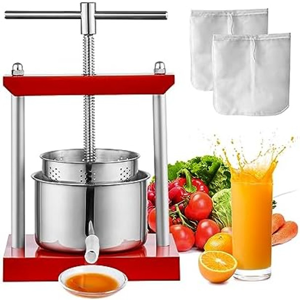 VEVOR 3.36L Grape Making Machine with 2 Stainless Steel Barrels Wine Cheese Fruit Vegetable Tincture Press with T-Handle and 0.1"/3mm Thick Plate Stainless 0.88Gal RED