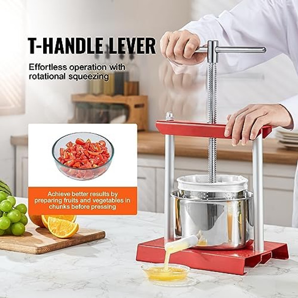 VEVOR 3.36L Grape Making Machine with 2 Stainless Steel Barrels Wine Cheese Fruit Vegetable Tincture Press with T-Handle and 0.1"/3mm Thick Plate Stainless 0.88Gal RED