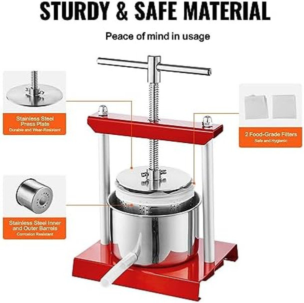 VEVOR 3.36L Grape Making Machine with 2 Stainless Steel Barrels Wine Cheese Fruit Vegetable Tincture Press with T-Handle and 0.1"/3mm Thick Plate Stainless 0.88Gal RED