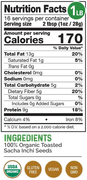 HerbaZest Sacha Inchi Seeds Organic -1 LB - USDA Certified, Vegan & Gluten Free Superfood - Perfect for Snacks, Baked & Non-Baked Goods