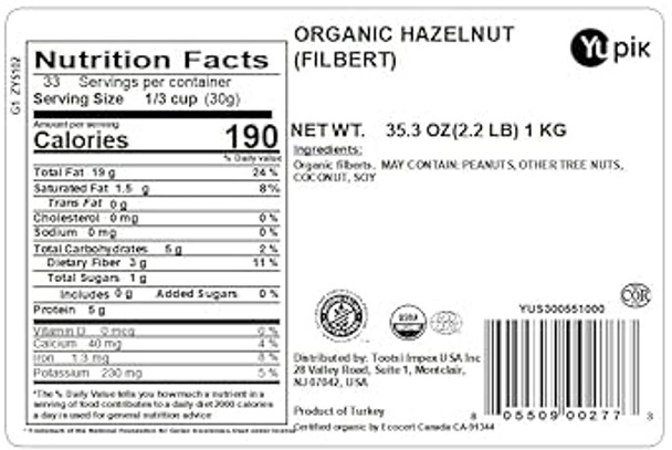 Yupik Nuts Organic Filbert Hazelnuts, 2.2 lb, Non-GMO, Vegan, Gluten-Free, Pack of 1