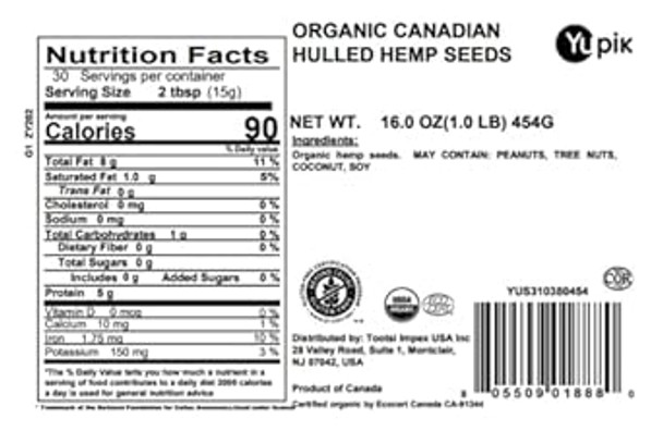 Yupik Organic Canadian Hulled Hemp Seeds, 1 lb - 16oz, Vegan, GMO-Free, Vegetarian, Gluten-Free Hemp Hearts, Brown, Pack of 1