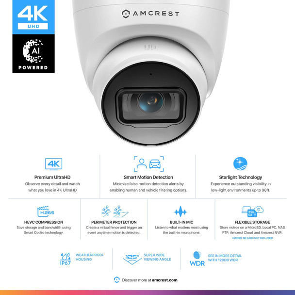 Amcrest UltraHD 4K (8MP) Outdoor Security IP Turret PoE Camera, 3840x2160, 98ft NightVision, 2.8mm Lens, IP67 Weatherproof, MicroSD Recording (256GB), White Amcrest UltraHD 4K (8MP) Outdoor Security IP Turret PoE Camera, 3840x2160, 98ft NightVision, 2.8mm Lens, IP67 Weatherproof, MicroSD Recording (256GB), White