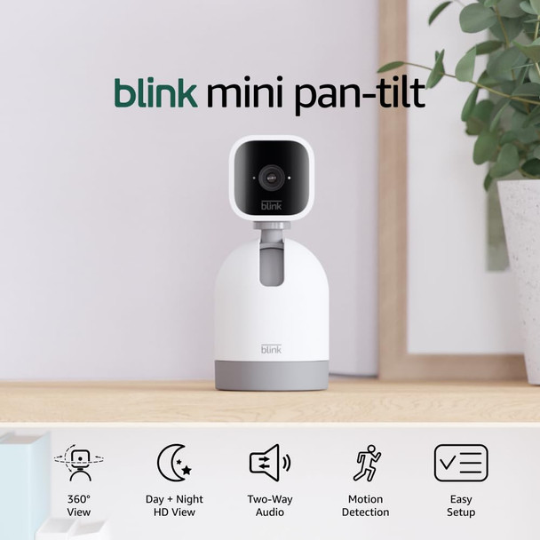 Blink Mini Pan-Tilt Camera | Rotating indoor plug-in smart security camera, two-way audio, HD video, motion detection, Works with Alexa (White) Blink Mini Pan-Tilt Camera | Rotating indoor plug-in smart security camera, two-way audio, HD video, motion detection, Works with Alexa (White)
