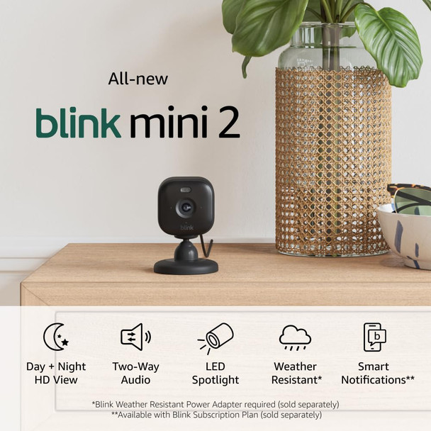 All-new Blink Mini 2 — Plug-in smart security camera, HD night view in color, built-in spotlight, two-way audio, motion detection, Works with Alexa (Black)