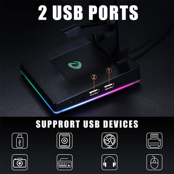 DAREU Multi- Function RGB Gaming Headset Stand with 2 USB Ports, 3.5mm Aux Port, Mouse/Keyboard Cable Clip for Gamer Desktop Table Game Earphone Accessories Gifts (Black)