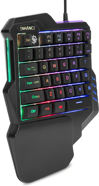 ENHANCE Gaming Keypad One Handed Gaming Keyboard Mini Keyboard - 7 Color LED Backlit, Programmable Keys, Ergonomic Wrist Pad and Braided USB Cable - Small Gaming Keyboard Great for FPS Games