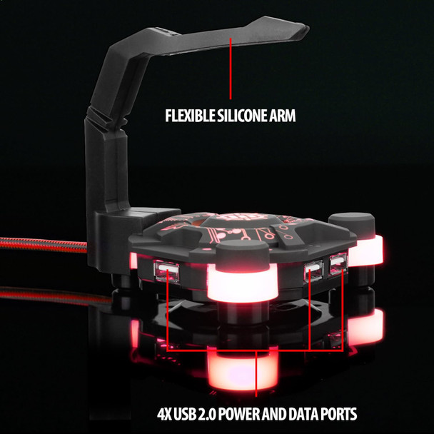 ENHANCE Pro Gaming Mouse Bungee Cable Holder with 4-Port USB Hub - Red LED Lighting with Flexible Silicone Arm - Cable Management, Stabilized Design & Improved Accuracy for Competitive Games