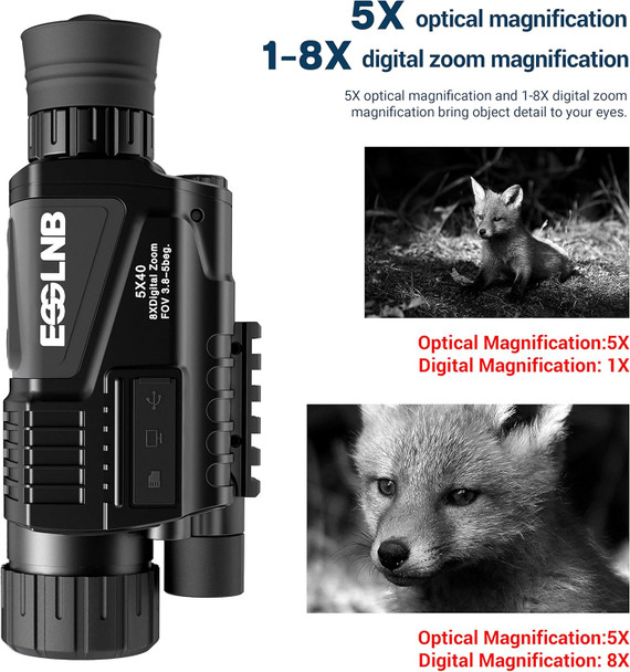 ESSLNB Night Vision Monocular 5X40 Night Vision Infrared Monocular with 1.5" TFT LCD Take Photos and Videos Playback Function 16G TF Card Digital Night Vision Scopes for Hunting Security Surveilla ESSLNB Night Vision Monocular 5X40 Night Vision Infrared Monocular with 1.5" TFT LCD Take Photos and Videos Playback Function 16G TF Card Digital Night Vision Scopes for Hunting Security Surveilla