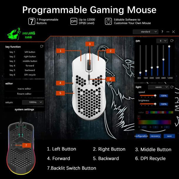 Lightweight Wired Gaming Mouse with 7 Button 26RGB Backlit Programmable Driver PAW3325 12000 DPI Optical Sensor Ultralight Ergonomic 65G Honeycomb Shell Ultraweave Cable for PC Xbox PS4 Gamer(White)