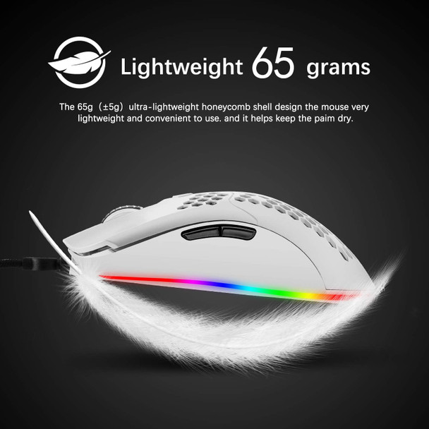 Lightweight Wired Gaming Mouse with 7 Button 26RGB Backlit Programmable Driver PAW3325 12000 DPI Optical Sensor Ultralight Ergonomic 65G Honeycomb Shell Ultraweave Cable for PC Xbox PS4 Gamer(White)