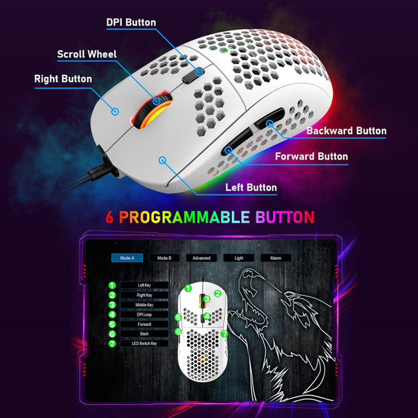 Felicon 69G Ultralight Gaming Mouse with Ergonomic Honeycomb Shell, 6 RGB Backlight, 6 Programmable Buttons, 6400 DPI Optical Sensor, Wired USB Connection, White
