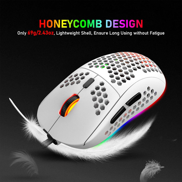 Felicon 69G Ultralight Gaming Mouse with Ergonomic Honeycomb Shell, 6 RGB Backlight, 6 Programmable Buttons, 6400 DPI Optical Sensor, Wired USB Connection, White