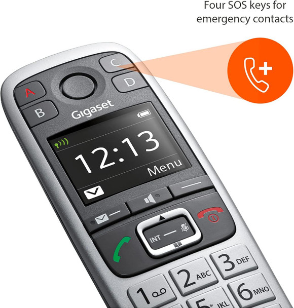Gigaset E560A – Cordless Phone for Seniors with Answering Machine and SOS Key, Brilliant Sound Quality and Volume Amplification - Made in Germany (Platinum, Pack of 1) Gigaset E560A – Cordless Phone for Seniors with Answering Machine and SOS Key, Brilliant Sound Quality and Volume Amplification - Made in Germany (Platinum, Pack of 1)