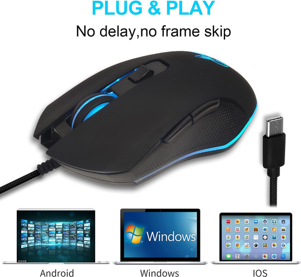 Wired USB C Gaming Mouse, Silent RGB Gaming Mice 7 Colors Backlit, 2400 DPI, Type C RGB Wired Mouse Gaming for Office Home PC and Notebook and All Type-C Device (Black) …