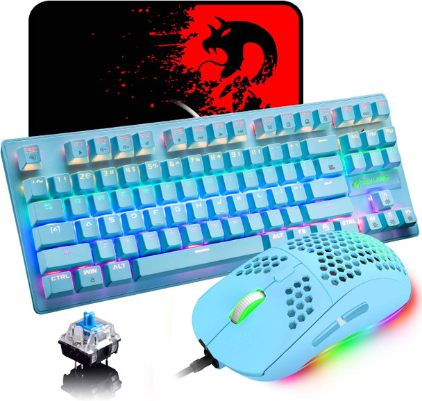 Mechanical Gaming Keyboard Blue Switch Mini 82 Keys Wired Rainbow LED Backlit Keyboard,Lightweight Gaming Mouse 6400DPI Honeycomb Optical,Gaming Mouse Pad for PC Gamers(Black)