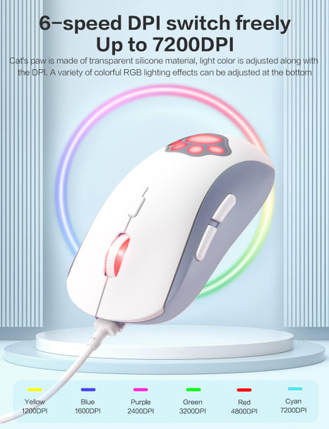 Cat Paw RGB Gaming Mouse, Silent Optical Computer Mice USB Wired with 6 Adjustable DPI Up to 7200, RGB Lighting, 6 Programmable Buttons for Windows/Vista/Linux (White)