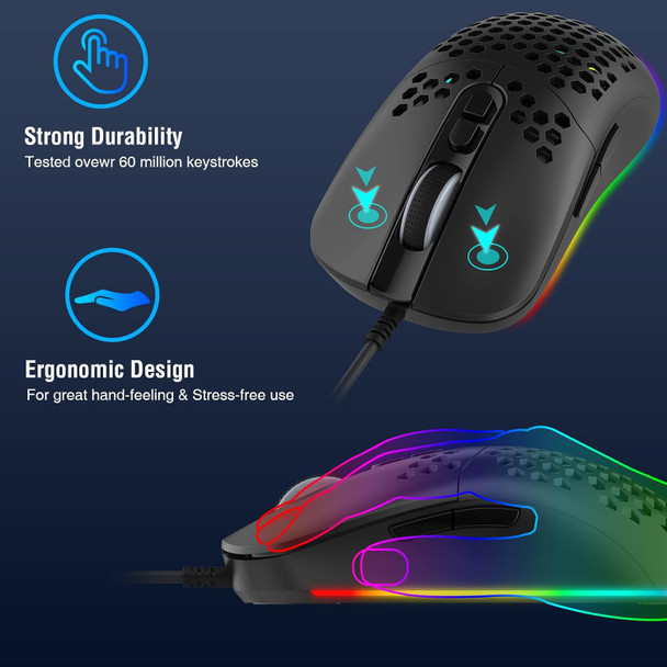 RGB Gaming Mouse, Ultra-Lightweight Honeycomb Shell, LED Lightweight Smooth Glide PTFE Feet, 6 Adjustable DPI Up to 8000 DPI for Windows/PC/Mac/Laptop Gamer