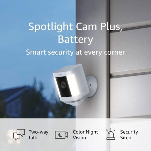Ring Spotlight Cam Plus, Battery | Two-Way Talk, Color Night Vision, and Security Siren (2022 release) - White Ring Spotlight Cam Plus, Battery | Two-Way Talk, Color Night Vision, and Security Siren (2022 release) - White