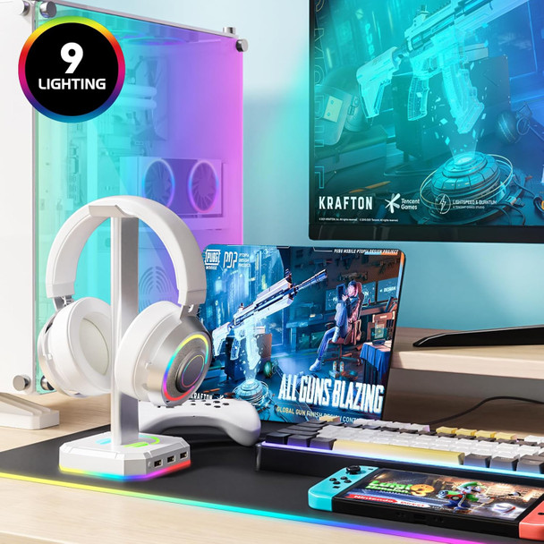 White Headphone Stand for Desk RGB Lights Headset Holder with 3 USB Port for Connect Keyboard,Mouse,Headset or Charging,Suitable for All Over-Ear Headphone (White)