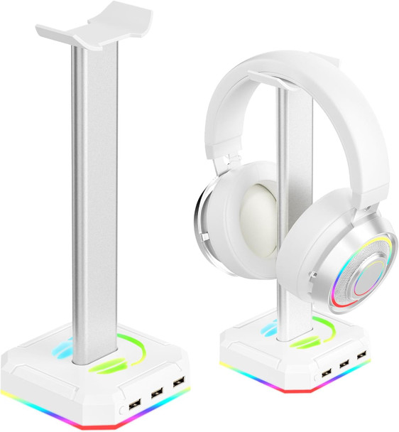 White Headphone Stand for Desk RGB Lights Headset Holder with 3 USB Port for Connect Keyboard,Mouse,Headset or Charging,Suitable for All Over-Ear Headphone (White)