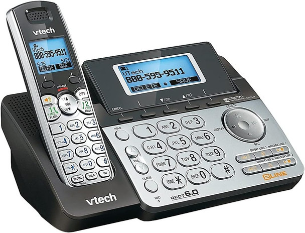 VTech DS6151 2-Line Cordless Phone System for Home or Small Business with Digital Answering System & Mailbox on each line, Black/silver 5" x 8.5" x 6.5" x 4.8" VTech DS6151 2-Line Cordless Phone System for Home or Small Business with Digital Answering System & Mailbox on each line, Black/silver 5" x 8.5" x 6.5" x 4.8"