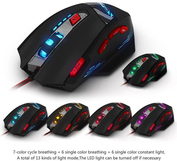Zelotes T90 Professional 9200 DPI High Precision USB Wired Gaming Mouse,8 Buttons,With 7 kinds modes of LED Colorful Breathing Light, Weight Tuning Set (Black)