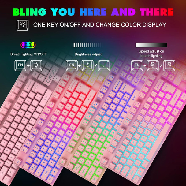 Pink Keyboard and Mouse Gaming Setup USB Wired Kawaii Combo Multi Color RGB Backlit Non-Conflict Brown Mechanical Switch Feel 4200DPI Mice for PC Game Host PS4 PS5 Computer