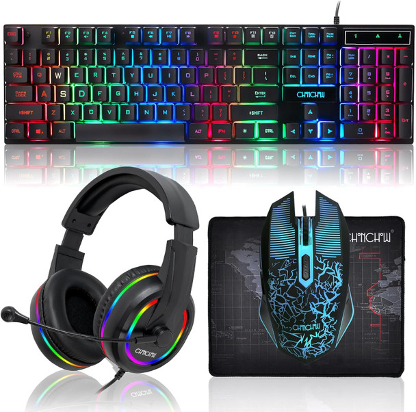 Gaming LED Keyboard Mouse Headset and Mousepad Bundle, CHONCHOW Wired Rainbow LED Light Up Gaming Keyboard Mouse Headset, Value 4 in 1 Gaming Set for Xbox PS4 PS5 PC Laptop Gamer Gaming LED Keyboard Mouse Headset and Mousepad Bundle, CHONCHOW Wired Rainbow LED Light Up Gaming Keyboard Mouse Headset, Value 4 in 1 Gaming Set for Xbox PS4 PS5 PC Laptop Gamer