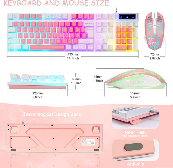 CHONCHOW Cute White and Pink Keyboard and Mouse Combo for Girl, 3 Backlit, 19 Keys Anti-ghosting, Kawaii Gaming Keyboard for PC Laptop Mac Computer PS4 and PS5, with RGB Light Up Mouse, Women