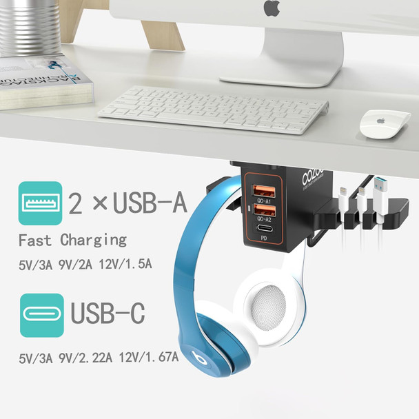 COZOO Headphone Stand with USB Charger Under Desk Headset Holder Mount with 3 Port USB Charging Station,iWatch Stand Smart Watch Charging Dock Dual Earphone Hanger Hook,PC Accessories s,UL Tested