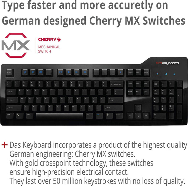 Das Keyboard Model S Wired Mechanical Keyboard, Cherry MX Blue Mechanical Switches, 2-Port USB Hub, Laser Etched Keycaps (104 Keys, Black)