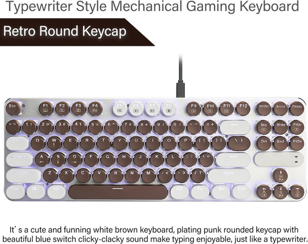 Typewriter Style Mechanical Keyboard 87 Key Retro Punk Round Keycap LED Backlit USB Wired Gaming Keyboards with White LED Backlit, Round Keycaps for Windows/Mac/PC (Blue Switch)