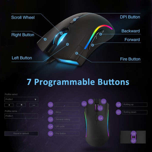 DeLUX Wired Gaming Mouse - 24000 DPI, 7 Programmable Buttons, On-Board Pro Game Software - RGB Ergonomic Mouse for PC, Laptop (M625BU(3360)-Black)