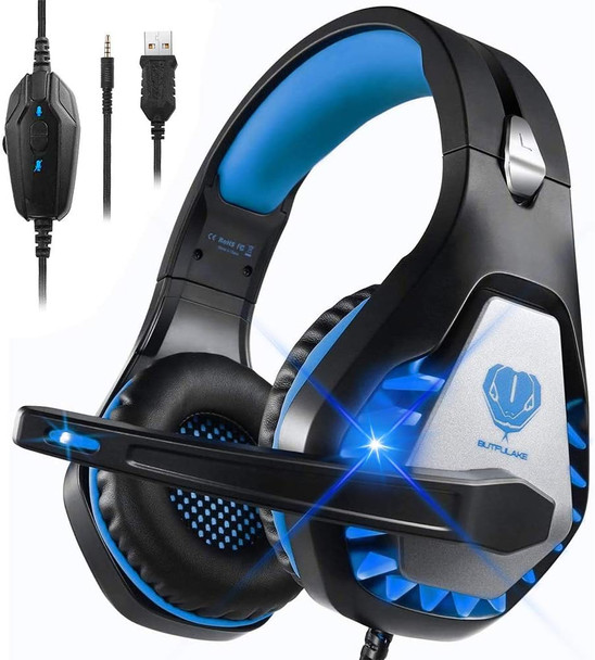 DIWUER Stereo Gaming Headset for Nintendo Switch, PS4, Xbox One with Noise Cancelling Mic, Soft Earmuffs Surround Sound Over Ear Headphones with LED Light for PC, Mac, Laptop (Blue)