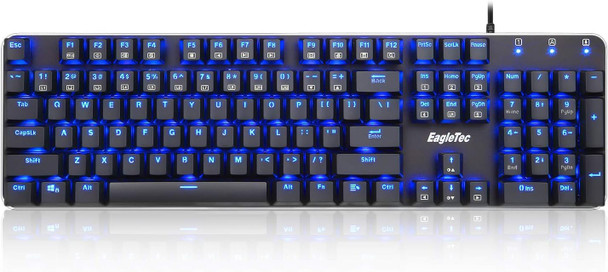 EagleTec KG050-BR LED Blue Backlit Mechanical Gaming Keyboard Low Profile Mechanical Gamers Keyboard 104 Key Metal Mechanical Computer USB Gaming Keyboard for PC (Black)