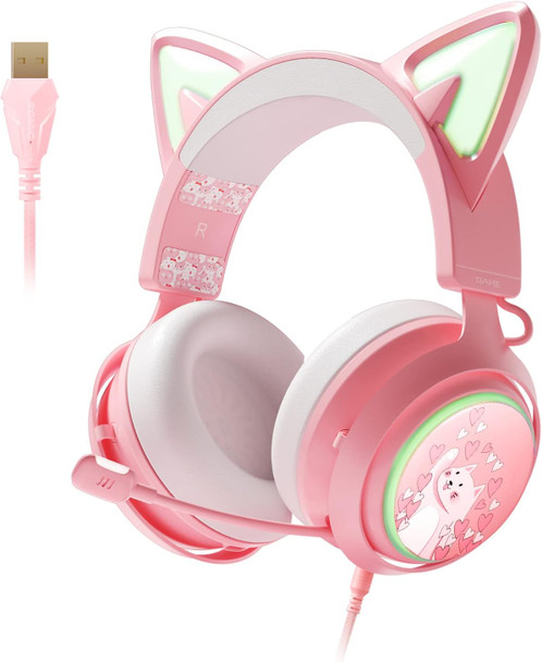 Cat Ear Headset, Pink Gaming Headset with Retractable Mic, 7.1 Surround Sound, RGB Lighting, Wired Headset for PC, PS4, PS5