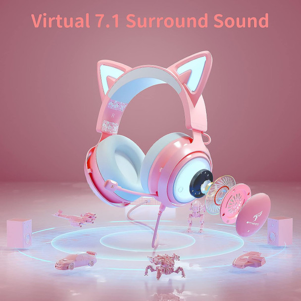 Cat Ear Headset, Pink Gaming Headset with Retractable Mic, 7.1 Surround Sound, RGB Lighting, Wired Headset for PC, PS4, PS5