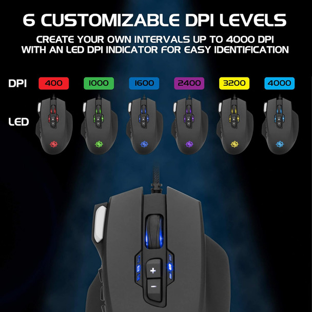 ENHANCE Theorem 2 MMO Mouse with 13 Programmable Side Buttons - RGB Gaming Mouse with 6 Customizable DPI Settings, 5 Gaming Profiles, Quick Fire Button, USB Ergonomic Wired Mouse - Black